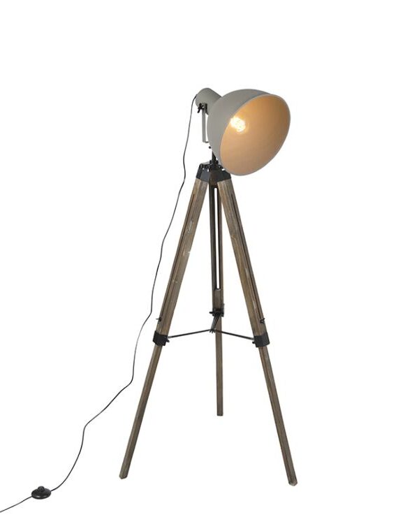 Industrial floor lamp on wooden tripod with gray shade